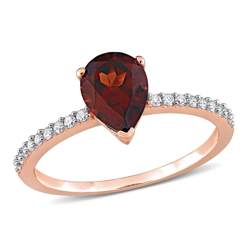 Rings with hexagon-cut stones for trendiness -Miadora Pear-cut Garnet and 1/6ct TDW Diamond Teardrop Ring in 14k Rose Gold