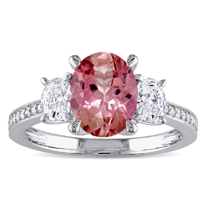 Rings with herkimer diamonds for raw clarity -Miadora Signature Collection 14k White Gold Pink Tourmaline and 5/8ct TDW Oval and Round Diamond Eng