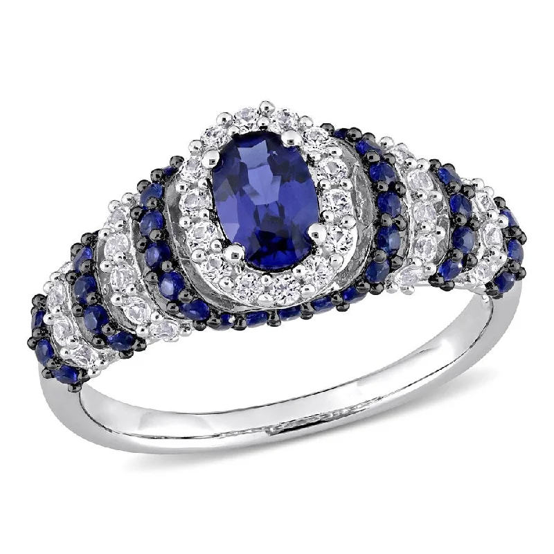 Rings with lapis lazuli for rich blue -Miadora Sterling Silver Oval Created Blue and White Sapphire Halo Layered Cocktail Ring