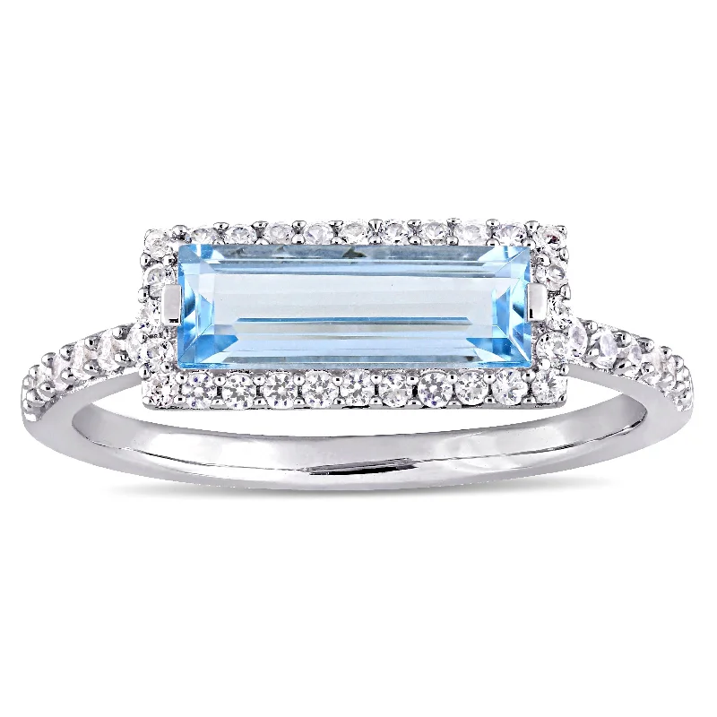 Rings with spiral designs for eye-catching twist -Miadora Sterling Silver Sky-Blue Topaz and White Sapphire Rectangular Halo Ring