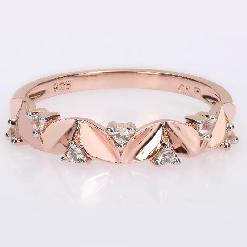 Rings with branch-inspired bands for organic -Miadora White Topaz Leaves Stackable Band Ring in Rose Plated Sterling Silver