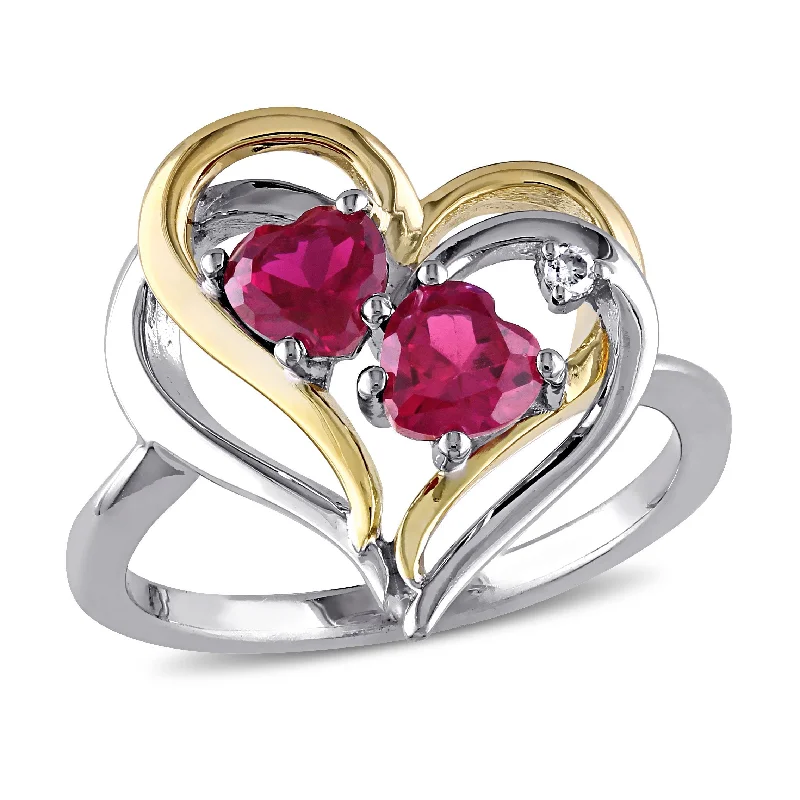 Rings with bezel-set peridot for safety -Mimi & Max 1 1/6ct TGW Created Ruby and Diamond Double Heart Ring in 2-Tone Yellow and White Sterling Silver