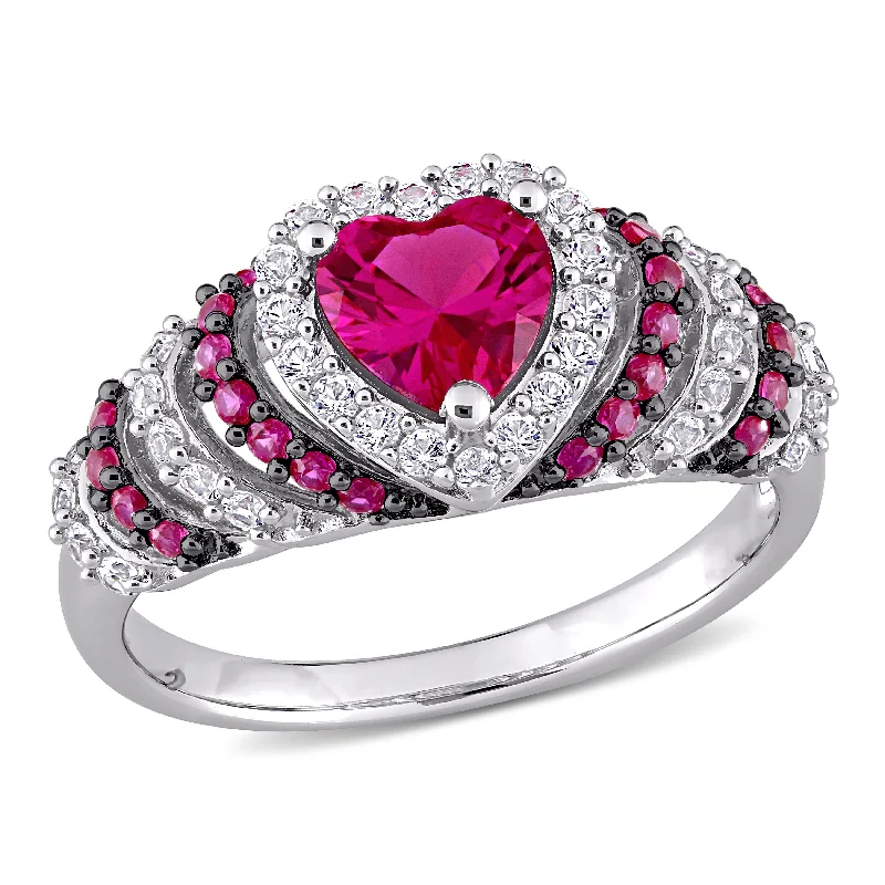 Rings with spiral designs for eye-catching twist -Mimi & Max 1 3/4ct TGW Created Ruby and Created White Sapphire Heart Halo Vintage Ring in Sterling Silver