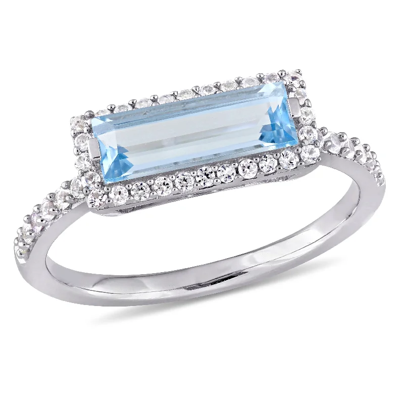 Rings with adjustable bands for perfect fit -Mimi & Max 1 7/8ct TGW Baguette-Cut Blue Topaz and White Sapphire Halo Ring in Sterling Silver