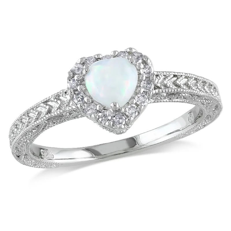 Rings with etched floral bands for detail -Mimi & Max 1/7ct TDW Diamond and Opal Heart Halo Ring in Sterling Silver