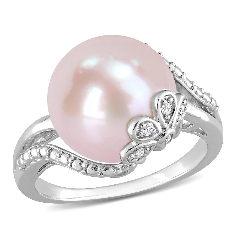 Rings with sunburst citrine for radiant appeal -Mimi & Max 12-12.5mm Button-Shaped Pink Freshwater Cultured Pearl and Diamond Accent Flower Split-Shank Ring in Sterling Silver