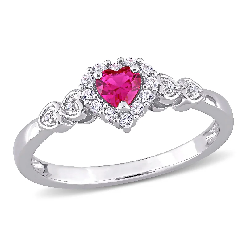 Rings with vintage-inspired rose-cut diamonds -Mimi & Max 2/5ct TGW Created Ruby Created White Sapphire and Diamond-Accent Halo Heart Ring in Sterling Silver