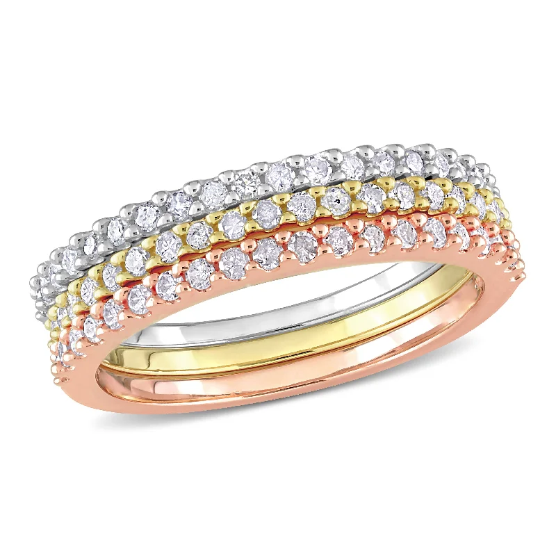 Rings with mandala engravings for spiritual vibe -Mimi & Max 5/8ct TDW Triple Row Diamond Ring Set in 3-Tone Pink, Yellow and White Sterling Silver