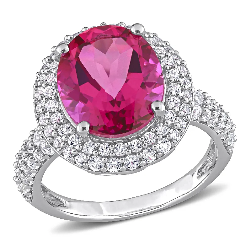 Platinum rings with sparkling sapphire center stones -Mimi & Max 7 1/7ct TGW Pink Topaz and Created White Sapphire Double Halo Cocktail Ring in Sterling Silver