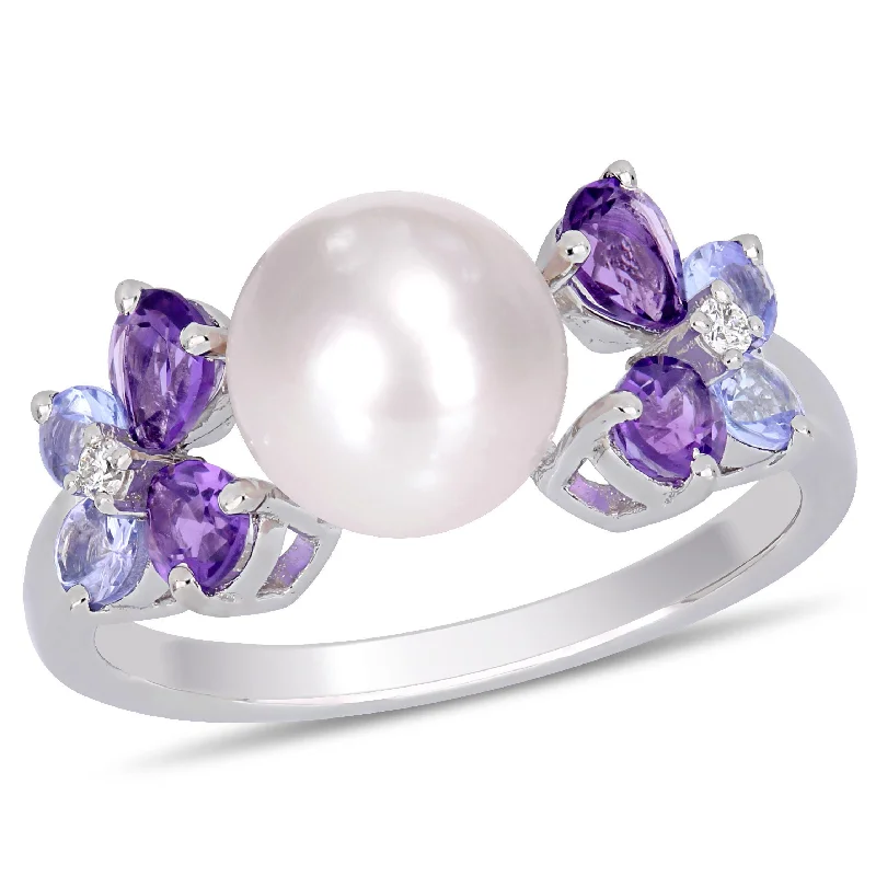 Rings with blue quartz for cool tones -Mimi & Max 8-8.5 mm White Cultured Freshwater Pearl, Diamond, Tanzanite, and Amethyst Ring