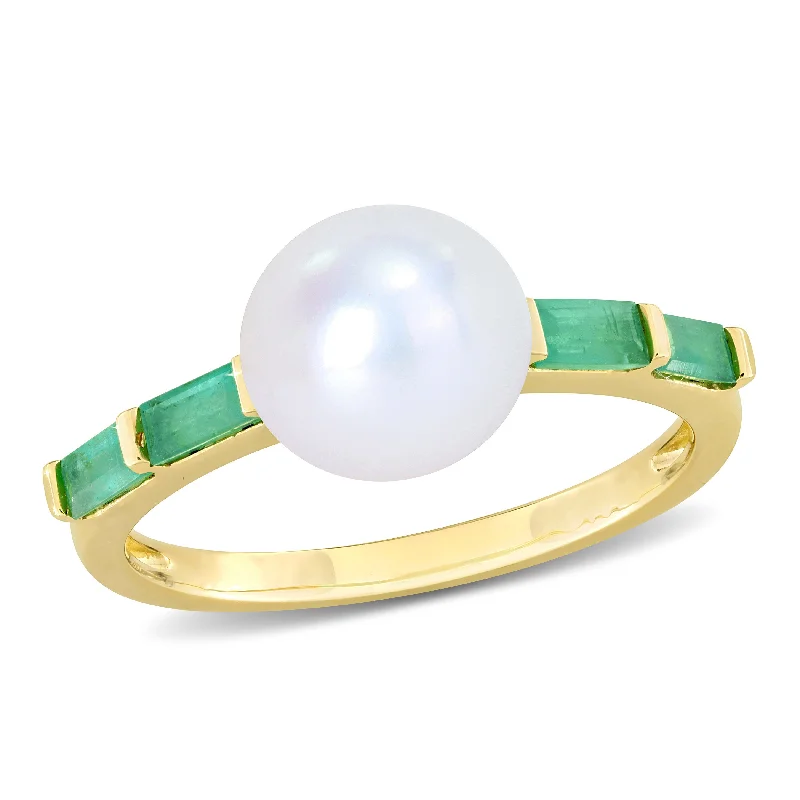 Rings with agate slices for earthy style -Mimi & Max 8-8.5mm Freshwater Cultured Pearl 1/2ct TGW Baguette Emerald Ring 10k Yellow Gold