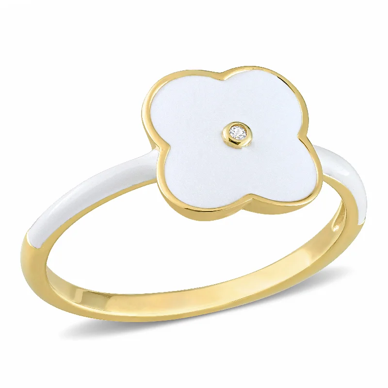 Rings with knot motifs for symbolic love -Mimi & Max Created White Sapphire Floral White Enamel Ring in Yellow Plated Sterling Silver