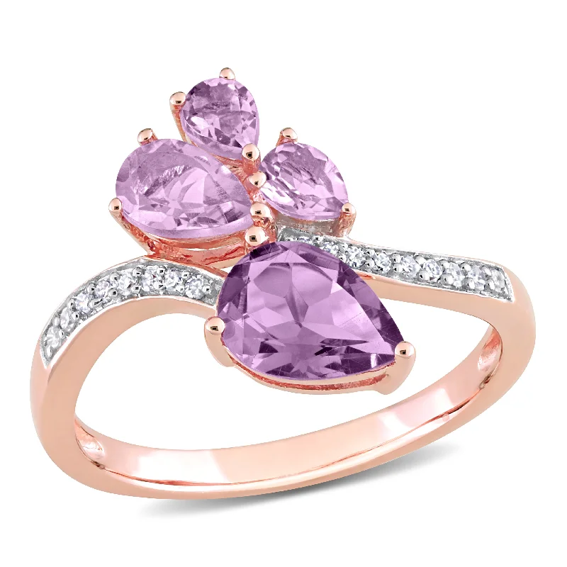 Handcrafted rings with raw emerald rough stones -Mimi & Max Womens 1 3/5ct TGW Pear-Shape Amethyst and Rose de France and 1/10ct TDW Diamond Toi et Moi Ring in 14k Rose Gold