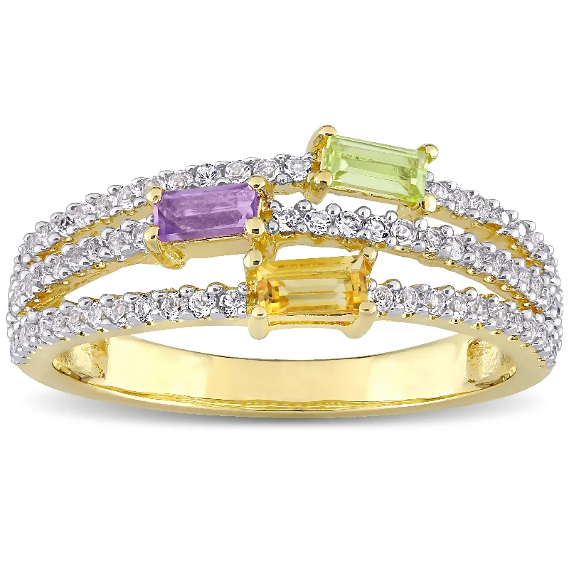 Rings with rough opal for organic shine -Multi Color Citrine, Peridot, Amethyst & White Topaz Multi Row Ring in Yellow Plated Sterling Silver by Miadora