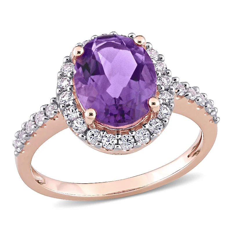 Rings with floral amethyst for romantic touch -Oval-cut Amethyst and Created White Sapphire Halo Engagement Ring in 10k White Gold by Miadora