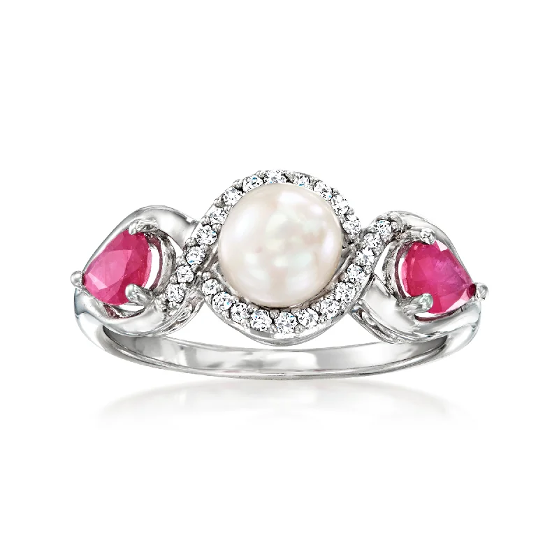 Rings with claw-set moonstone for mystique -Ross-Simons 6-6.5mm Cultured Pearl and Ruby Ring With . Diamonds in Sterling Silver