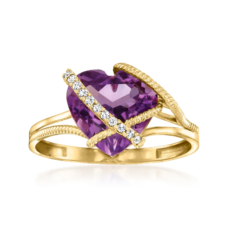 Rings with sunburst citrine for radiant appeal -Ross-Simons Amethyst Heart Ring With Diamond Accents in 14kt Yellow Gold