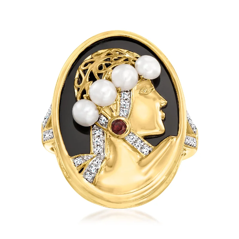 Rings with peacock ore for iridescent glow -Ross-Simons Black Agate, 3.5-4mm Cultured Pearl and . Multi-Gemstone Cameo-Style Ring in 18kt Gold Over Sterling