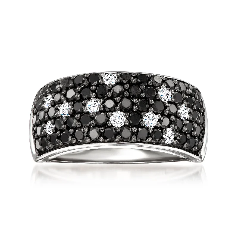 Rings with floral halo diamond arrangements -Ross-Simons Black and White Diamond Ring in Sterling Silver