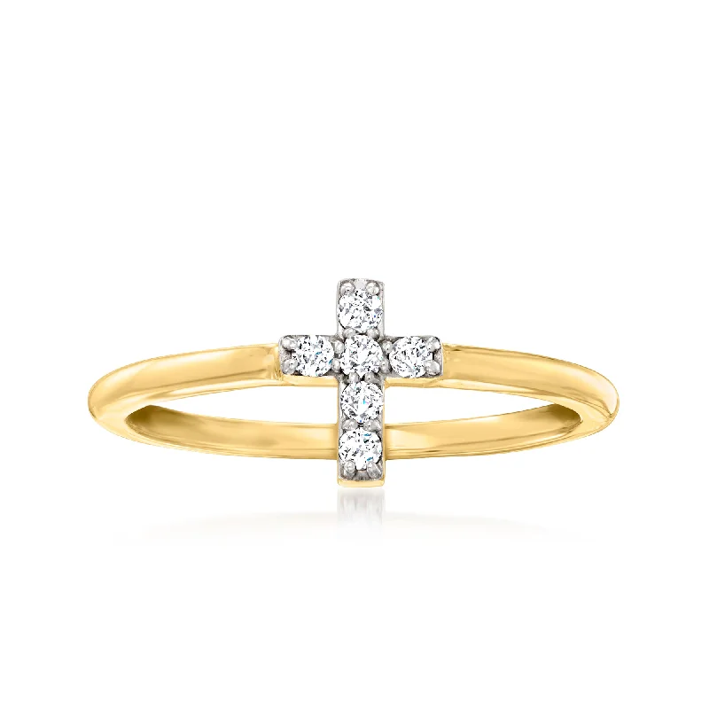 Rings with gothic rose quartz for drama -Ross-Simons Diamond Cross Ring in 14kt Yellow Gold