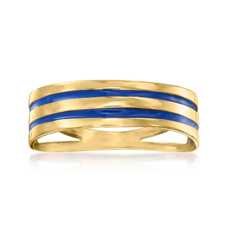 Rings with herkimer diamonds for raw clarity -Ross-Simons Italian 14kt Yellow Gold Ring With Blue Enamel Stripes