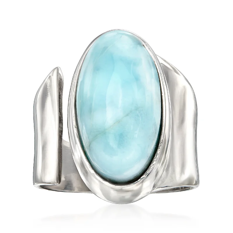 Rings with shield-shaped stones for boldness -Ross-Simons Larimar Wrap Ring in Sterling Silver