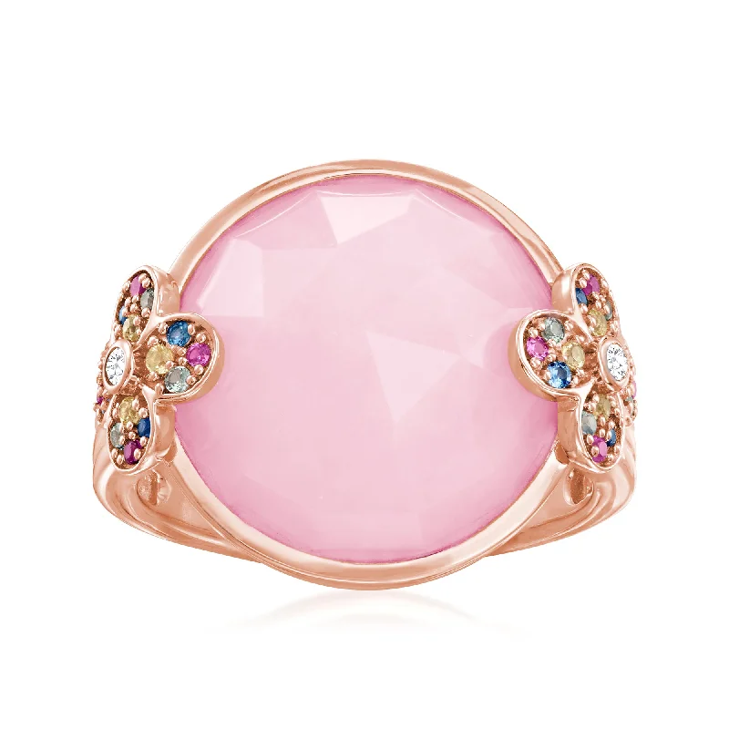 Rings with crescent moon for lunar charm -Ross-Simons Pink Opal and Multicolored Sapphire Floral Ring With White Topaz Accents in 18kt Rose Gold Over Sterling