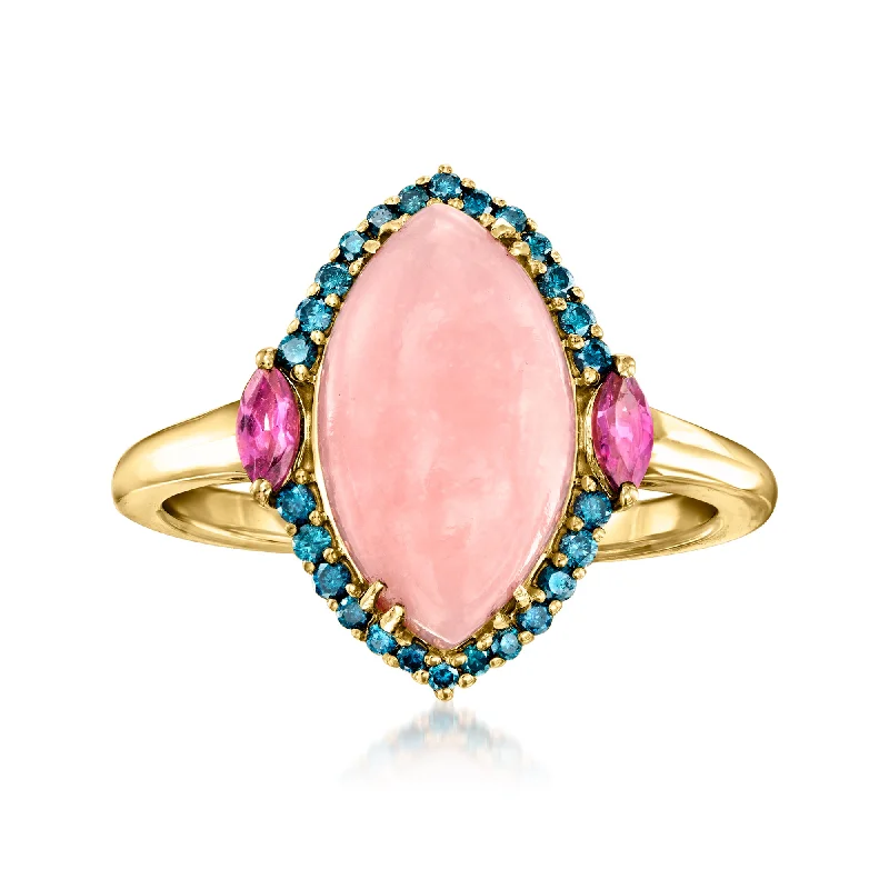 Rings with sleek black agate for edge -Ross-Simons Pink Opal, Rhodolite Garnet and . Blue Diamond Ring in 14kt Yellow Gold