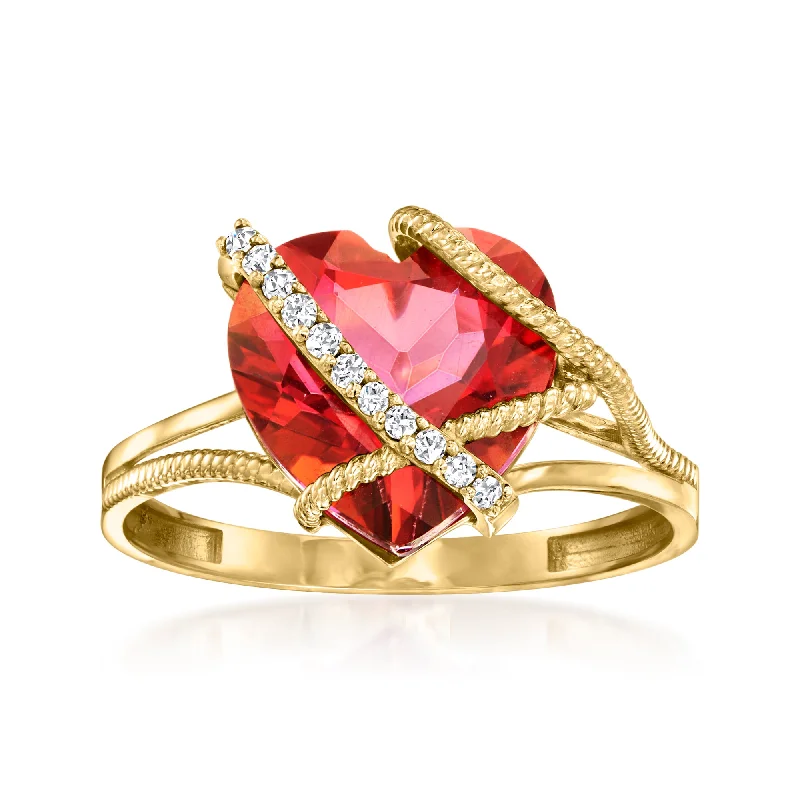 Rings with wide bands for statement wear -Ross-Simons Pink Topaz Heart Ring With Diamond Accents in 14kt Yellow Gold