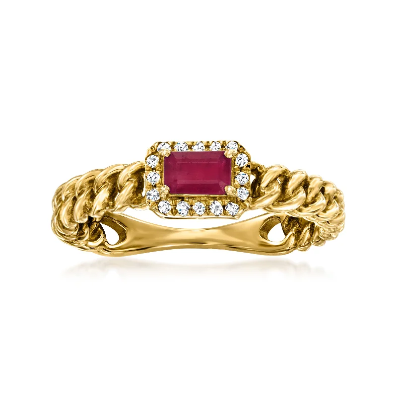 Rings with spiral ruby for bold twist -Ross-Simons Ruby Curb-Link Ring With Diamond Accents in 14kt Yellow Gold