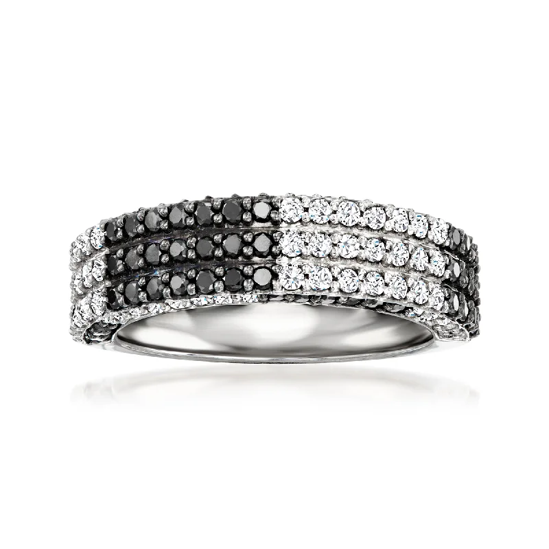 Rings with etched floral bands for detail -Ross-Simons White and Black Diamond Checkered Ring in Sterling Silver