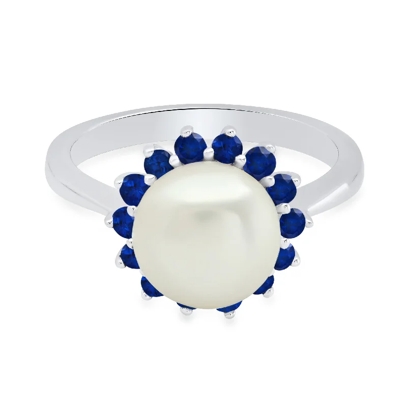 Simple rings with polished black onyx shine -Sterling Silver 9MM Cultured Pearl and Created Blue Sapphire Ring Size 7