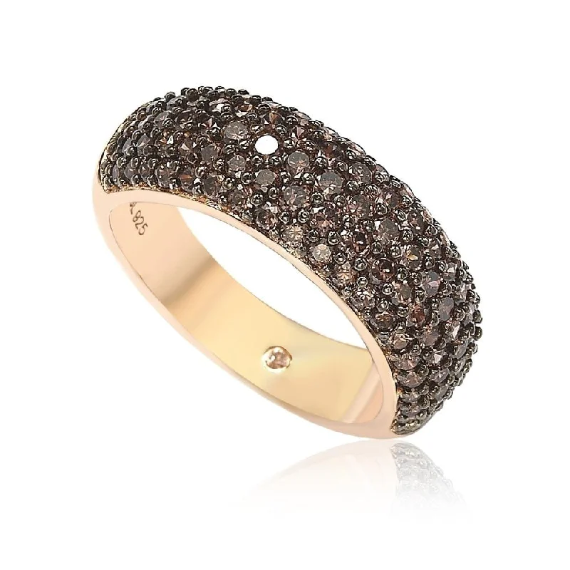 Chunky rings with hammered gold band texture -Suzy Levian Brown Cubic Zirconia in Rose Sterling Silver Thick Pave Band