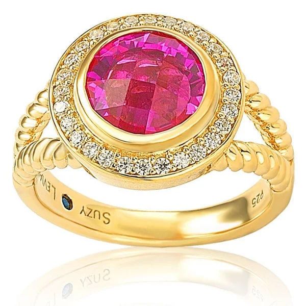 Rings with floral halo diamond arrangements -Suzy Levian Gold plated Sterling Silver Created Pink Sapphire Cubic Zirconia Rope Ring