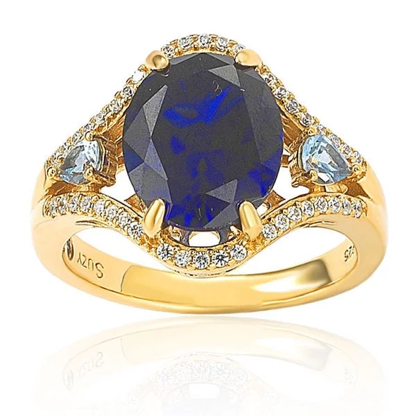 Rings with black diamond for striking contrast -Suzy Levian Gold plated Sterling Silver Created Sapphire Ring