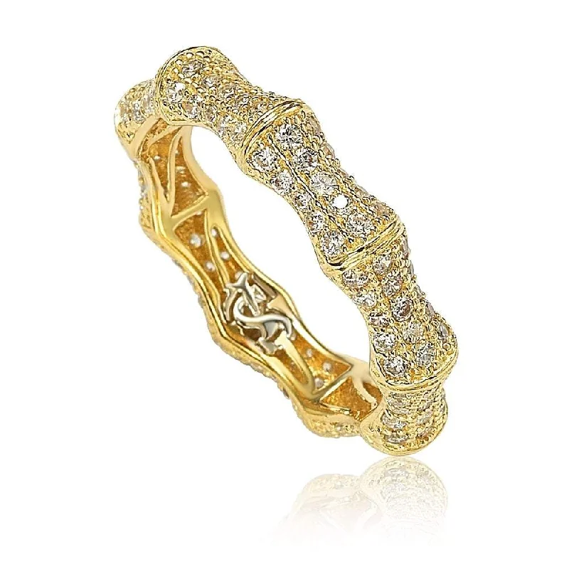 Rings with spiral designs for eye-catching twist -Suzy Levian Golden Sterling Silver Cubic Zirconia Bamboo Band - Yellow