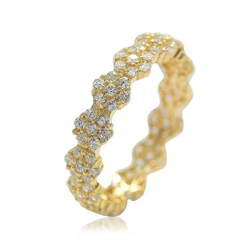 Rings with wide bands for statement wear -Suzy Levian Golden Sterling Silver Cubic Zirconia Floral Eternity Band