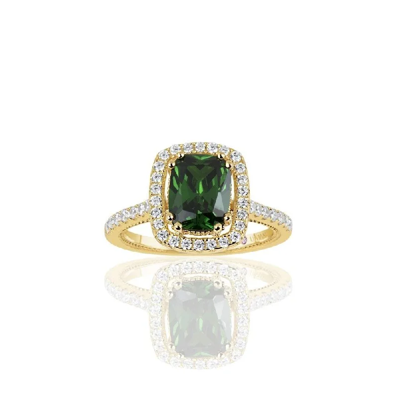 Rings with polished opal for iridescent beauty -Suzy Levian Golden Sterling Silver Elongated Cushion Cut Green Cubic Zirconia Solitaire Engagement Ring