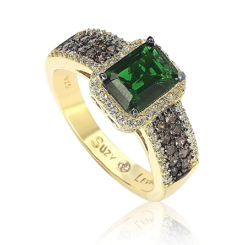 Rings with shield-shaped stones for boldness -Suzy Levian Golden Sterling Silver Emerald-Cut Green and Brown Cubic Zirconia Halo Ring