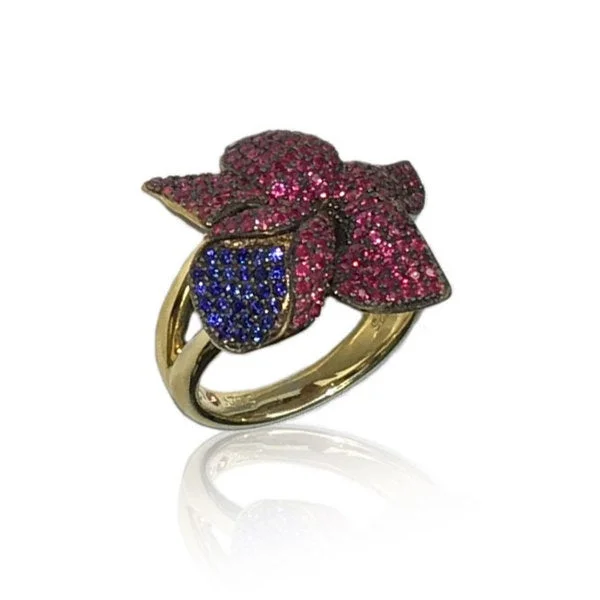 Rings with coral stones for vibrant pop -Suzy Levian Golden Sterling Silver Red & Blue Cubic Zirconia American Flower Ring