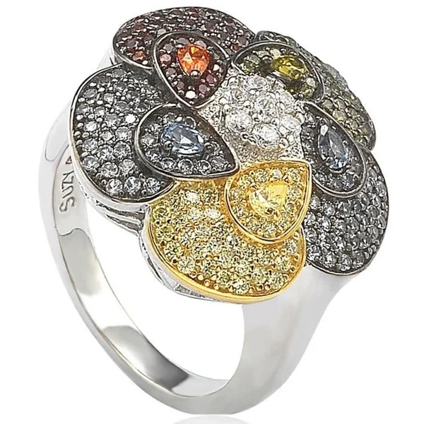 Chunky rings with hammered gold band texture -Suzy Levian Pave Cubic Zirconia Sterling Silver Multi-Color Flower Ring