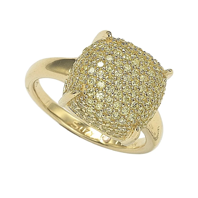 Rings with floral halo diamond arrangements -Suzy Levian Pave Yellow Cubic Zirconia in Golden Sterling Silver Ring