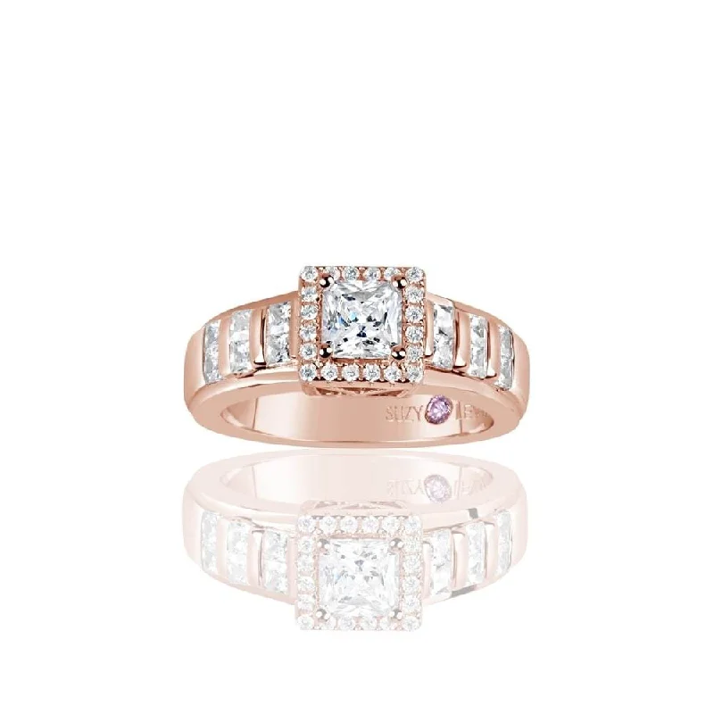 Rings with raw topaz for icy charm -Suzy Levian Rose Plated Sterling Silver Asscher Cut Cubic Zirconia Engagement Ring