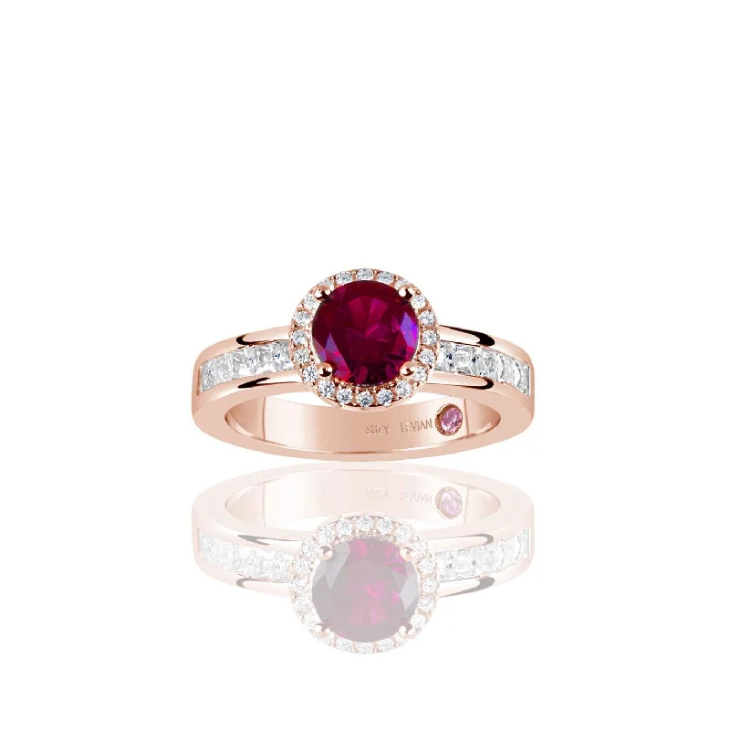 Rings with pave ruby for dazzling sparkle -Suzy Levian Rose Sterling Silver Created Ruby Round Cut Engagement Ring