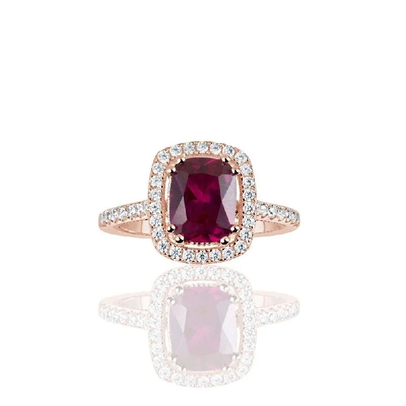 Rings with spiral ruby for bold twist -Suzy Levian Rose Sterling Silver Elongated Cushion Cut Created Ruby Engagement Ring