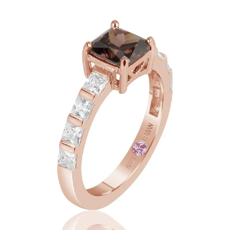 Rings with pink sapphire for delicate charm -Suzy Levian Rose Sterling Silver Light Brown Asscher Cut Cubic Zirconia Solitaire Engagement Ring