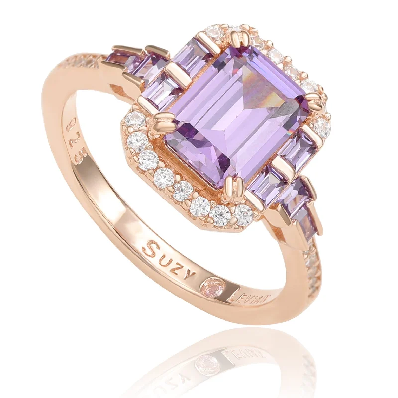 Rings with claw-set amethyst for security -Suzy Levian Rose Sterling Silver Purple Amethyst Emerald  Cut Cubic Engagement Ring