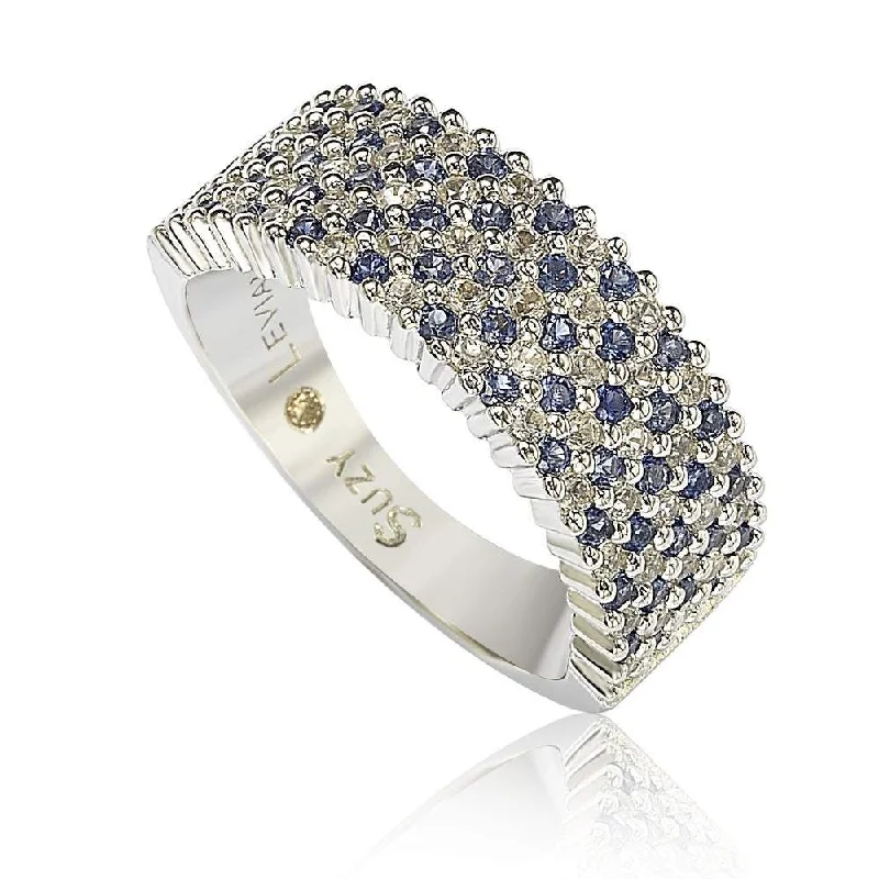 Rings with pave-set gemstones for brilliance -Suzy Levian Sapphire and Diamond Accent in Sterling Silver Pave HalfBand - Blue