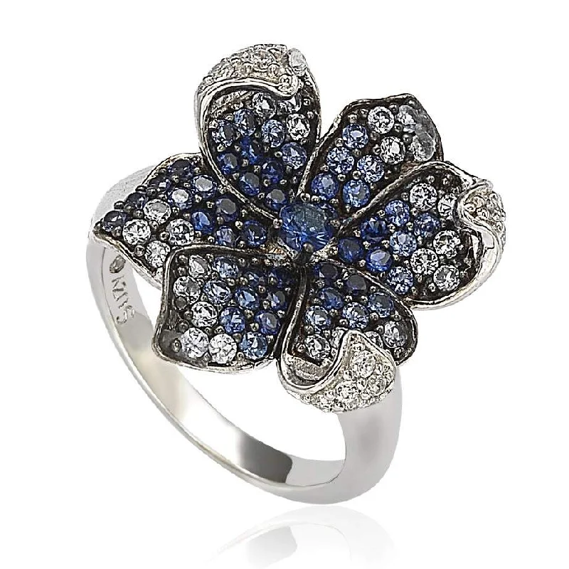 Rings with double bands for modern twist -Suzy Levian Sapphire and Diamond in Sterling Silver Flower Petal Ring