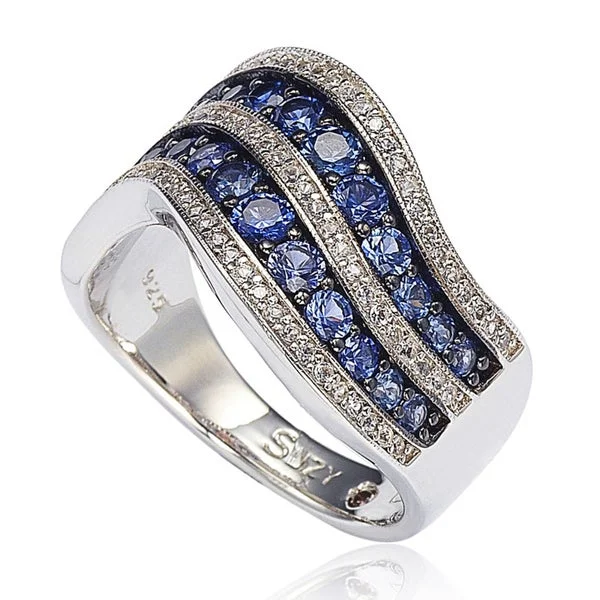 Rings with vintage-inspired rose-cut diamonds -Suzy Levian Sterling Silver/ 18k Gold 2.49TCW Sapphire and Diamond Accent Wavy Ring